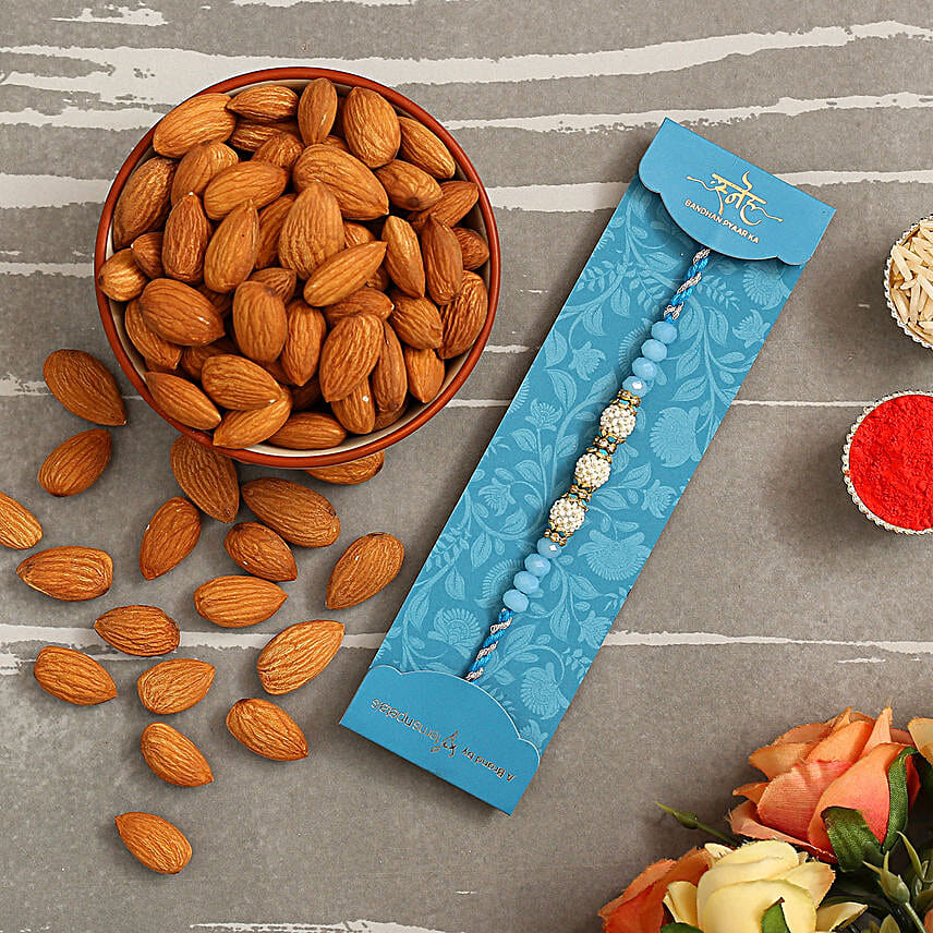 Sea Blue Pearl Designer Rakhi And Healthy Almonds