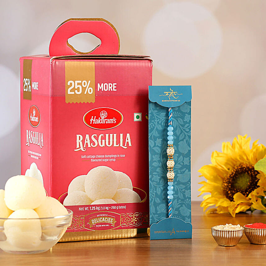 Sea Blue Pearl Designer Rakhi And Rasgulla