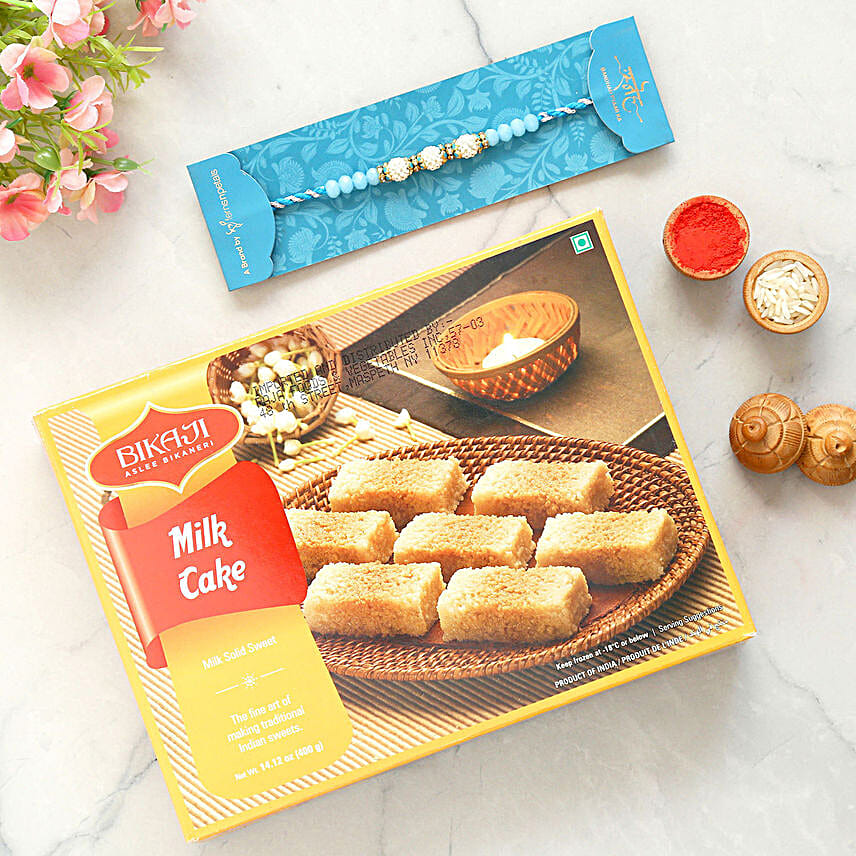 Sea Blue Pearl Rakhi And Milk Cake Combo