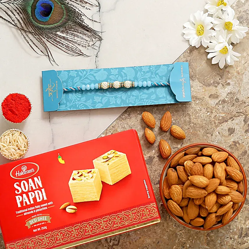 Sea Blue Pearl Rakhi With Soanpapdi And Alminds