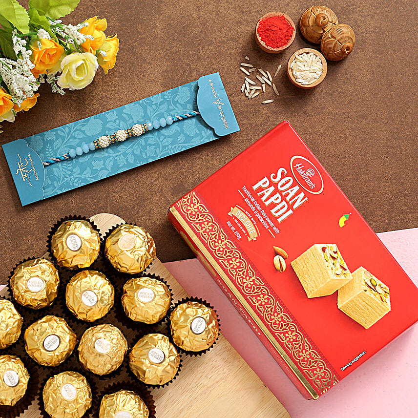Sea Blue Pearl Rakhi With Soanpapdi And Ferrero Rocher