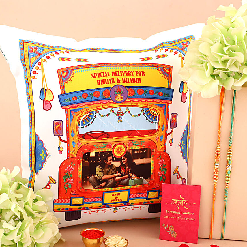 Sneh Pastel Rakhi Set & Personalised Photo Cushion