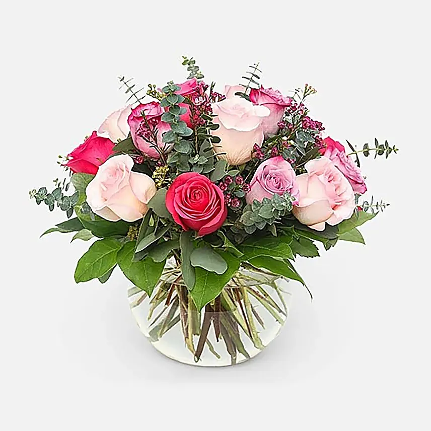 Sweet Mixed Roses Fishbowl Vase Arrangement