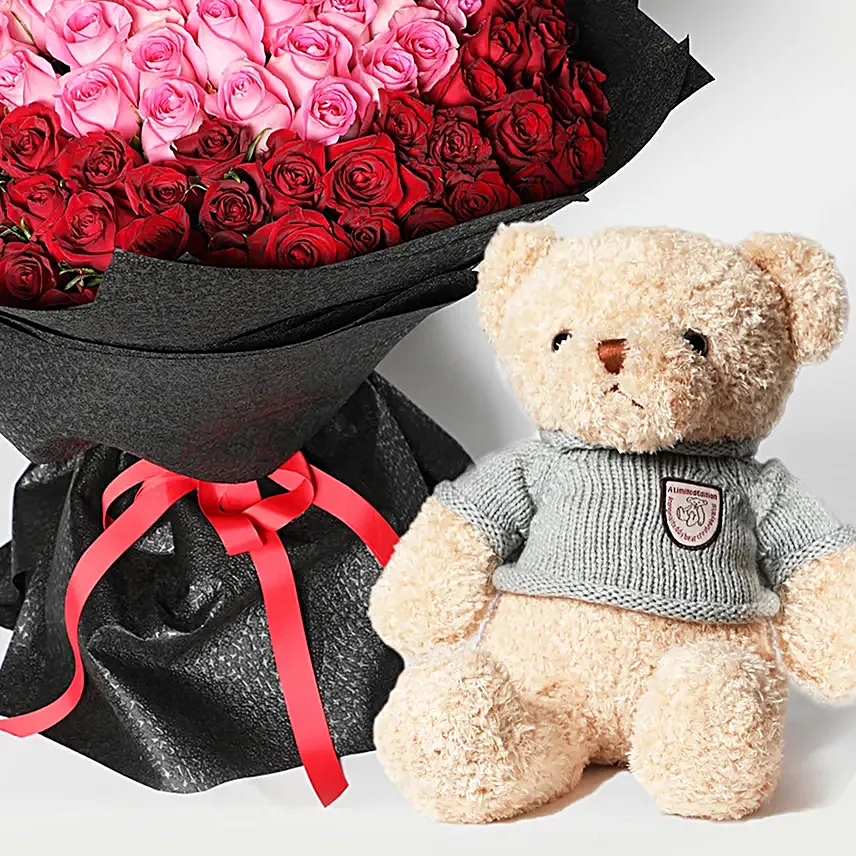 Teddy And 35 Roses Bouquet
