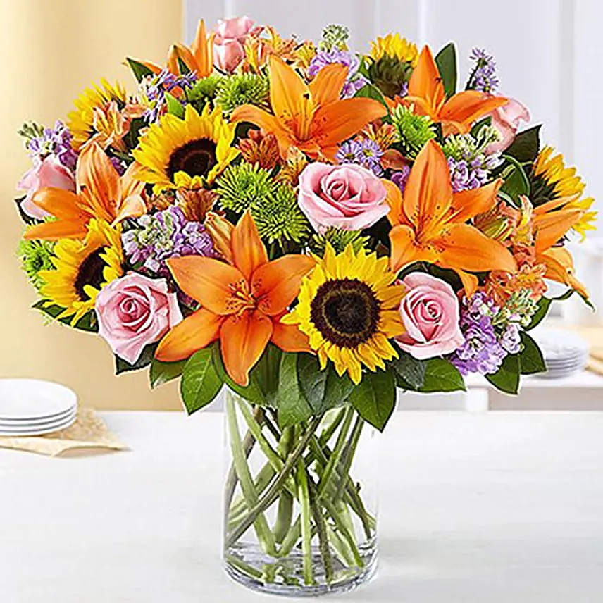 Vital Bunch Of Flowers In Glass Vase