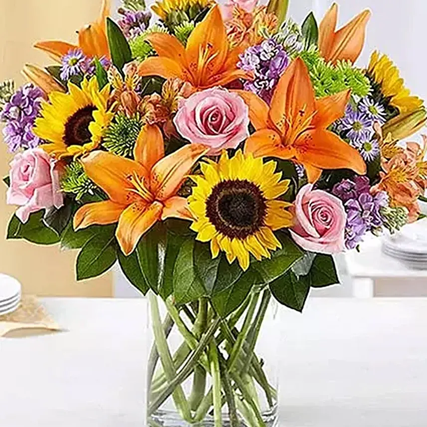 Vital Bunch Of Flowers In Glass Vase