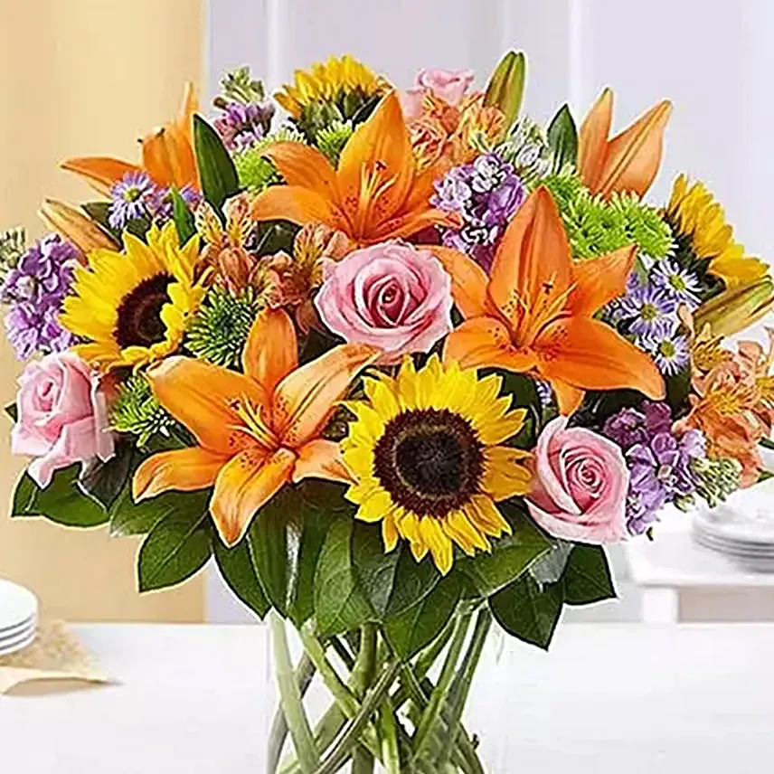 Vital Bunch Of Flowers In Glass Vase