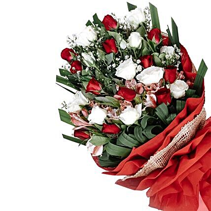 Red And White Roses Beautifully Tied Bouquet