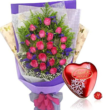 Pink Roses Bouquet And Heart Shaped Lindt Chocolate Box