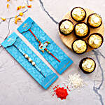 Sea Blue Pearl And Thread Rakhi With Bal Krishna Rakhi With 3 Ferrero Rocher