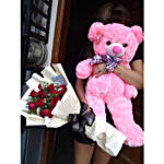 Red Roses With 2Ft Pink Bear