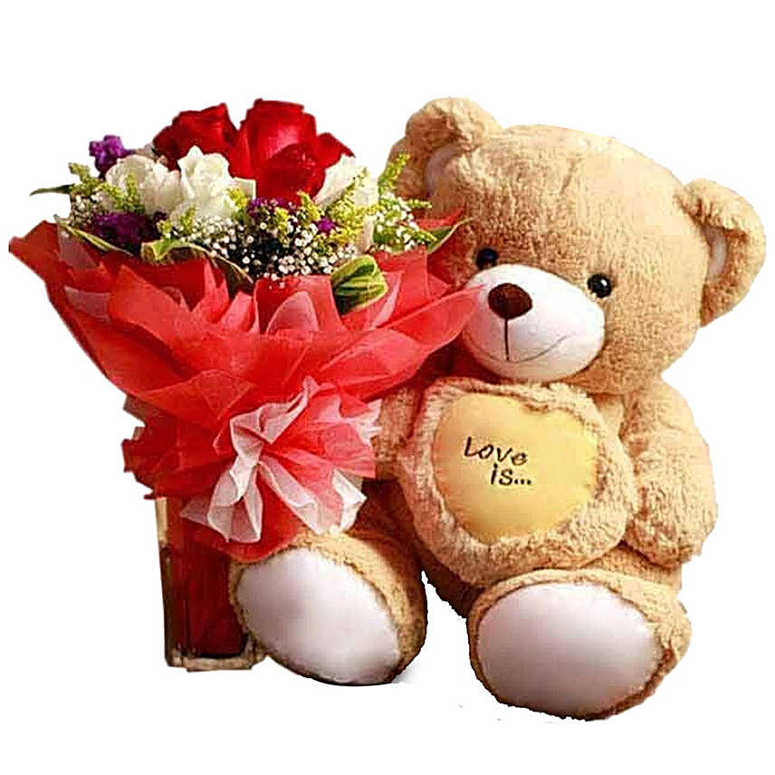 Rose Bouquet And Small Teddy Combo