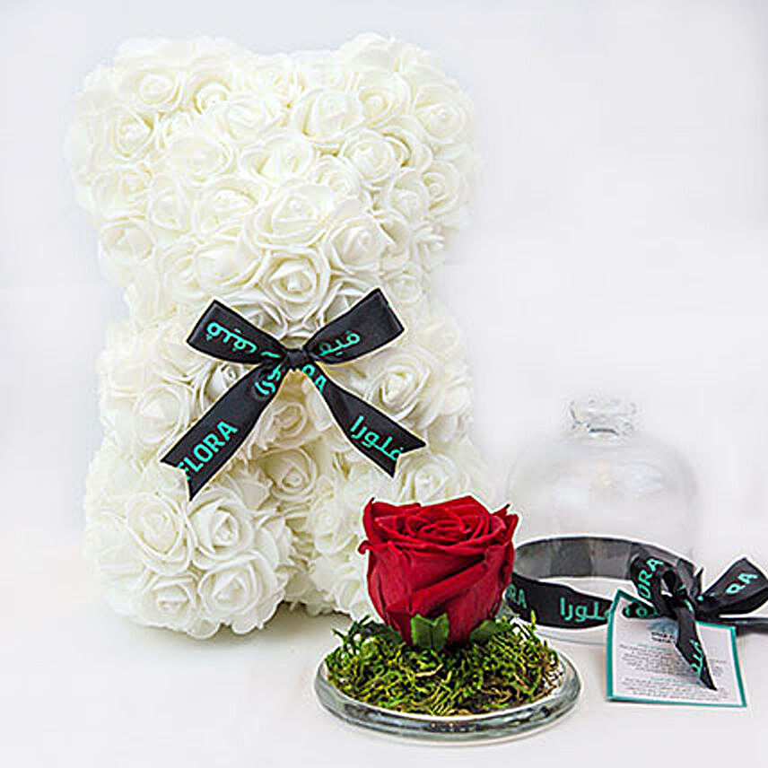 White Teddy Bear With Rose