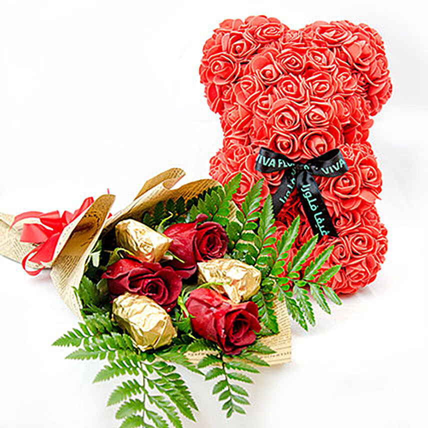 Red Teddy With Chocolates And Rose