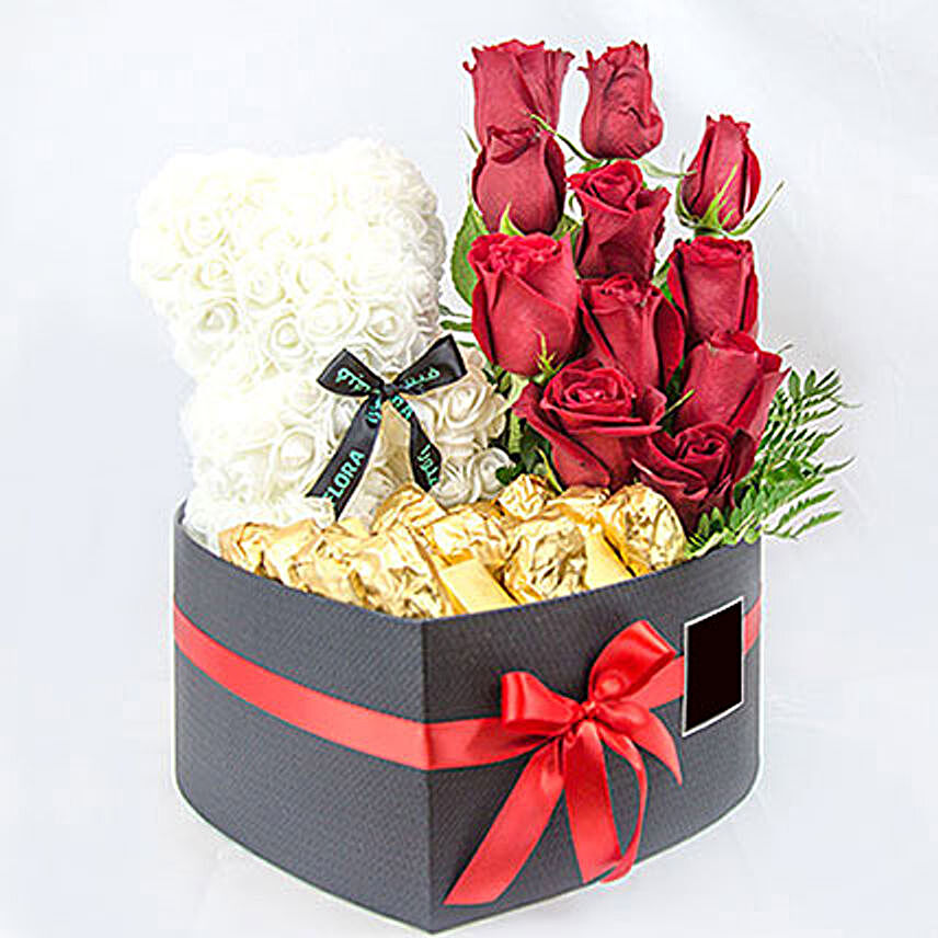 White Teddy Red Roses And Chocolates