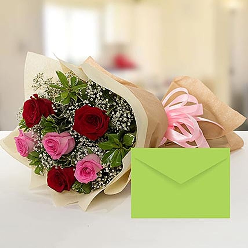 Attractive Roses Bouquet With Greeting Card:Send Anniversary Flowers to Qatar