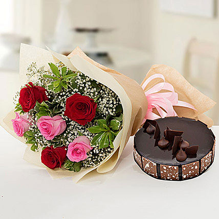 Beautiful Roses Bouquet With Chocolate Cake:Birthday Cake Delivery in Qatar