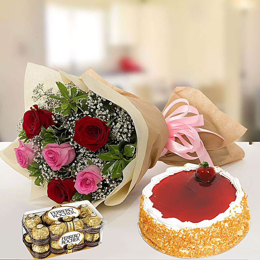 Strawberry Cake with Mixed Roses And Chocolates