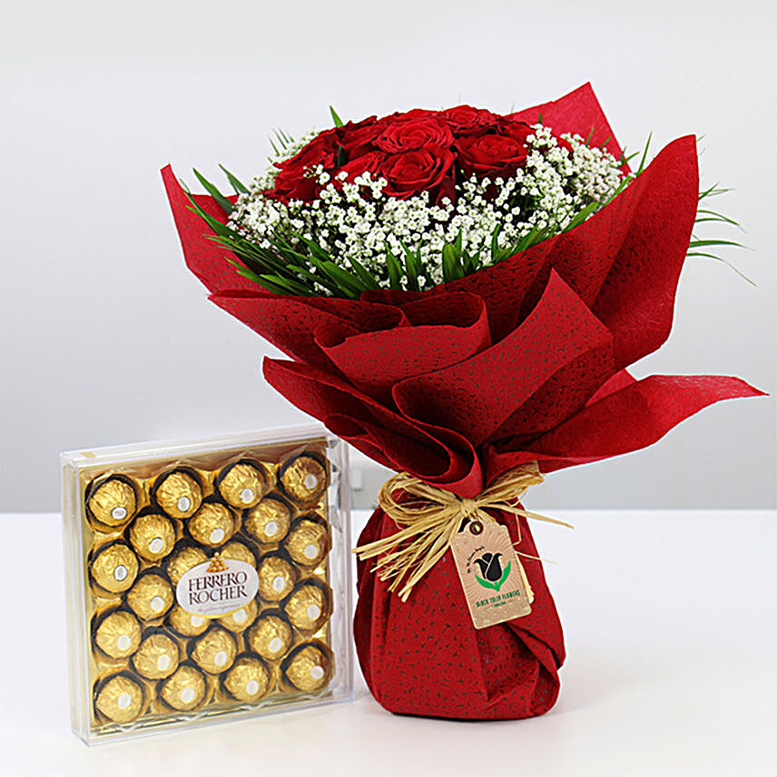 Red Roses Bunch and Ferrero Rocher
