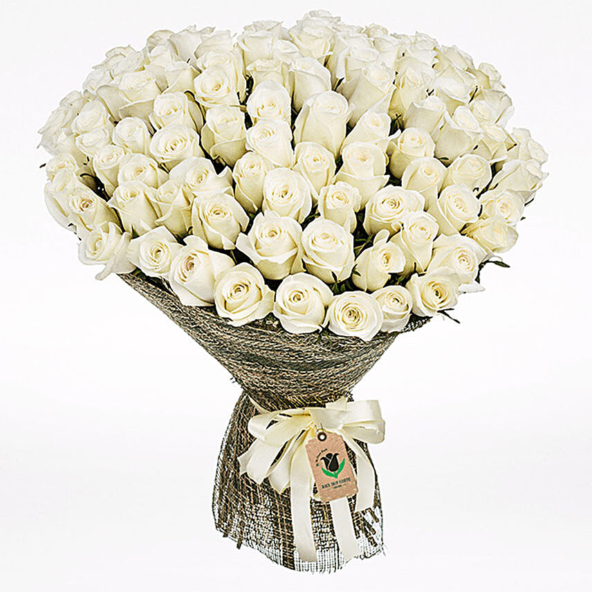 bright white roses in jute wrapped bouquet online