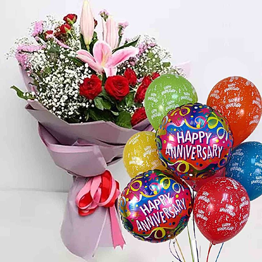 Anniversary Flowers Bouquet & Balloons Combo:Gift Basket Delivery in Qatar