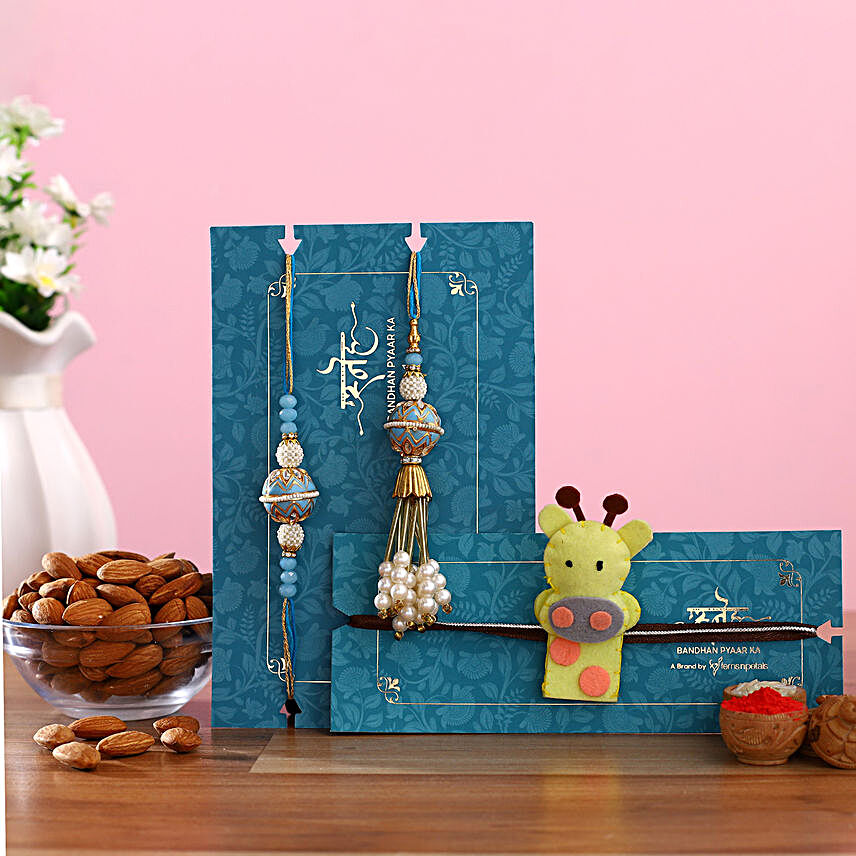 Blue Orb Lumba Rakhi Set & Giraffe Rakhi With Almonds:Order Rakhi for Bhaiya Bhabhi in Qatar