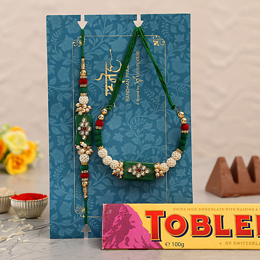 Green Pearl And Lumba Rakhi Set With Toblerone Chocolate:Bhaiya Bhabhi Rakhi in Qatar
