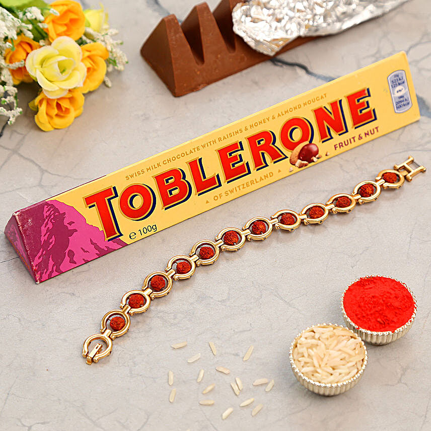 Spiritual Rudraksha Bracelet Rakhi And Toblerone Chocolate:Rakhi and Chocolates to Qatar