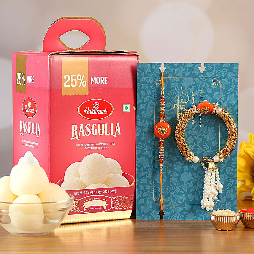 Orange Pearl Lumba Rakhi Set And Rasgulla:Order Rakhi for Bhaiya Bhabhi in Qatar
