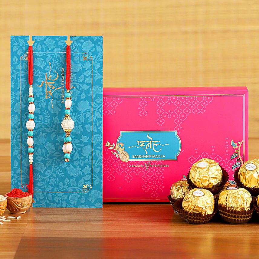 Blue Pearl And Lumba Rakhi Set With 3 Pcs Ferrero Rocher:Order Rakhi for Bhaiya Bhabhi in Qatar