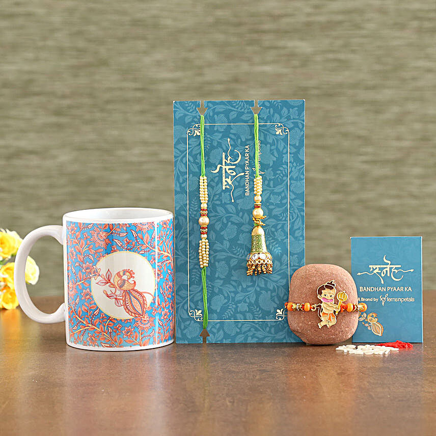 Lumba Rakhi Set And Bal Hanuman Rakhi With Ceramic Mug:Family Rakhi Set to Qatar
