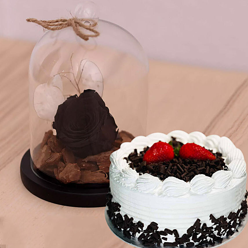 Black Forever Rose In Glass Dome & Black Forest Cake