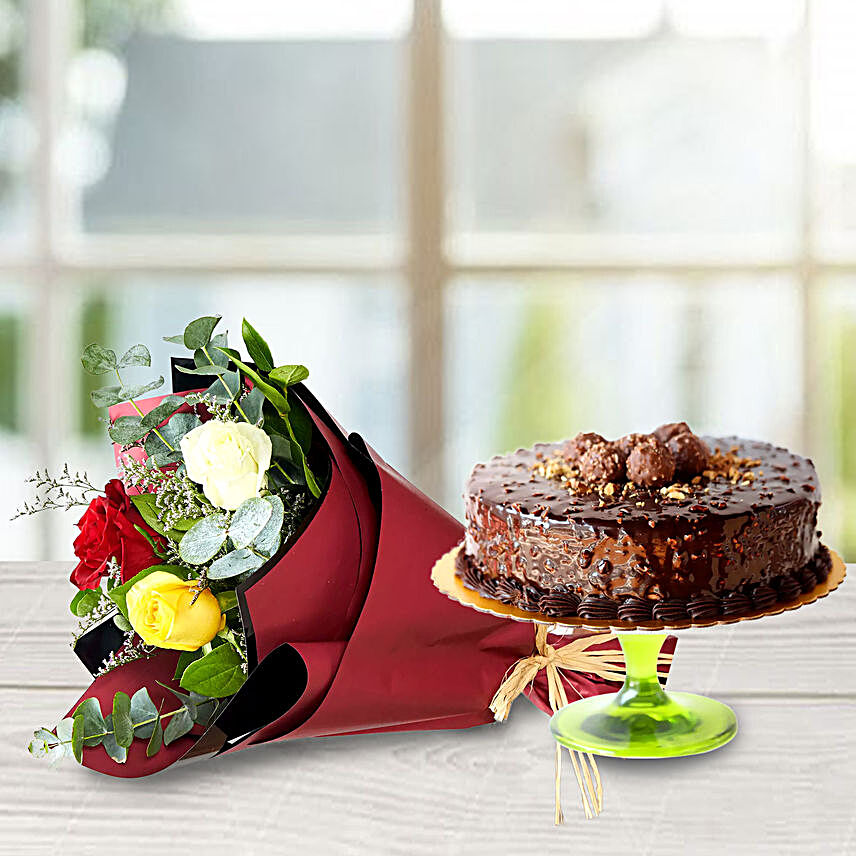 Chocolate Rocher Cake & Mix Roses:Flower and Cake Delivery in Qatar
