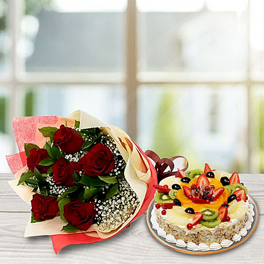 Red Roses Bunch With Mix Fruit Cake:Personalised Gifts to Qatar