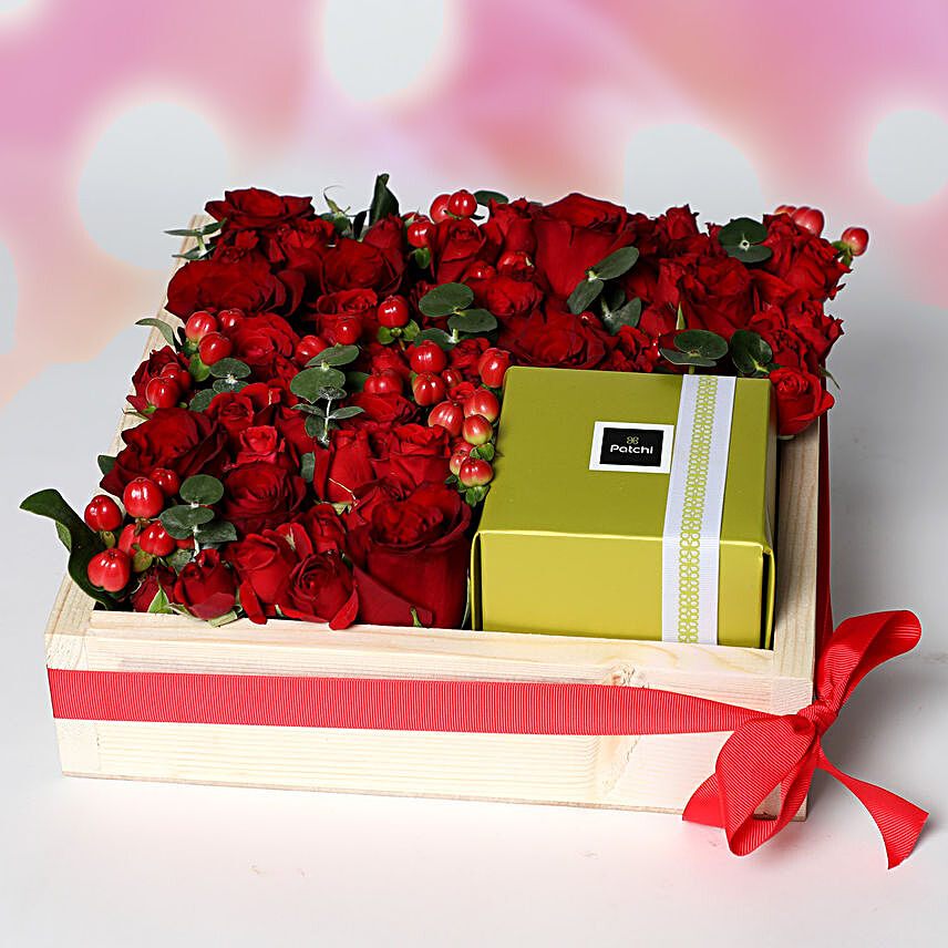Patchi And Roses In Wooden Tray:Gift Basket Delivery in Qatar