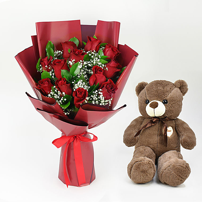 12 Red Roses n Teddy Love:Valentine's Day Flowers to Qatar
