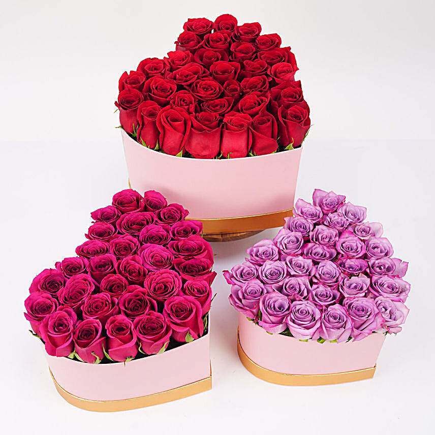 Trio Of Roses Charm In Heart Shape Boxes:midnight delivery gifts