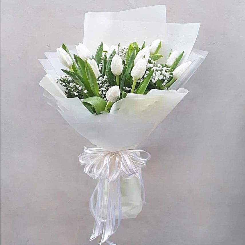 Peaceful White Tulips Bouquet:Gift Discount for Qatar