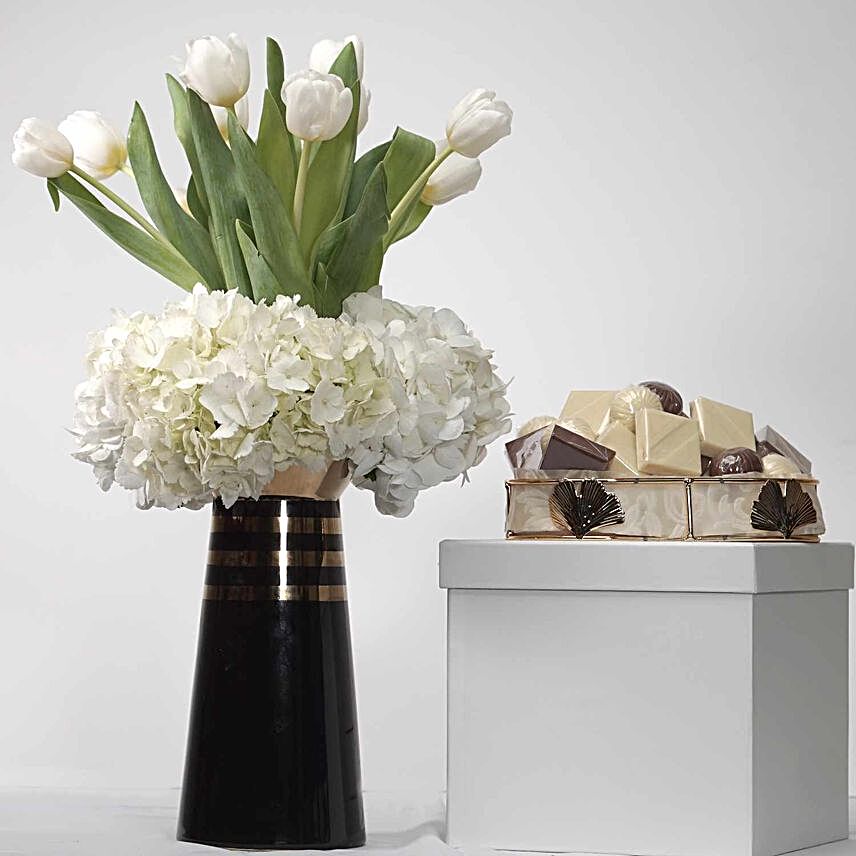 White Flowers Premium Vase & Branded Chocolates
