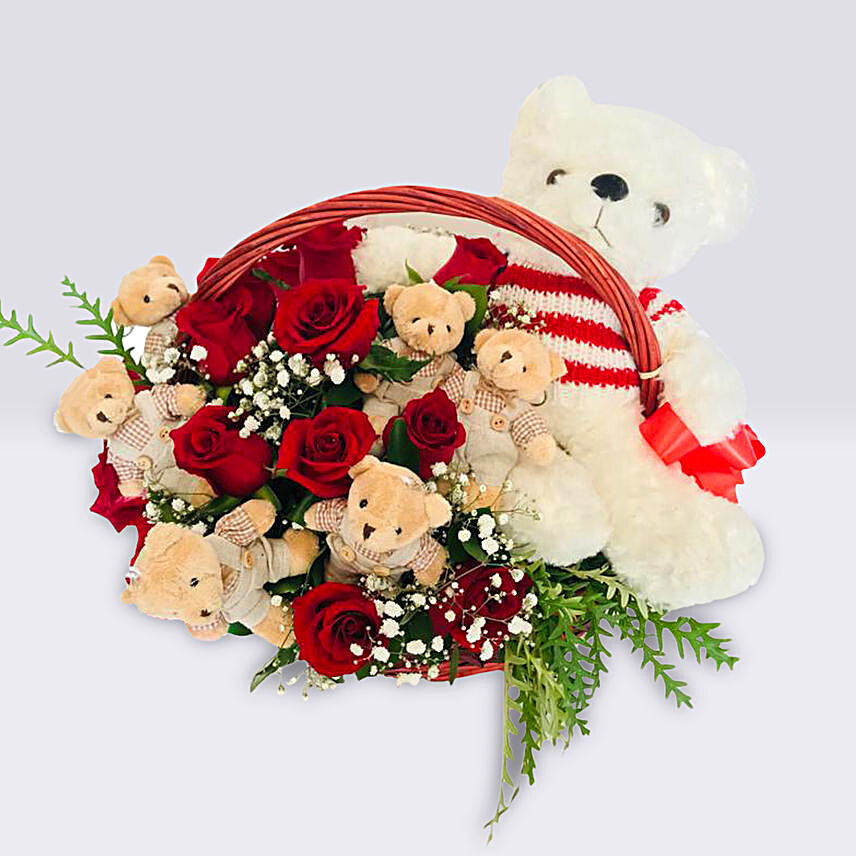 Basket of Cute Teddies & Roses:flowers n teddy bears