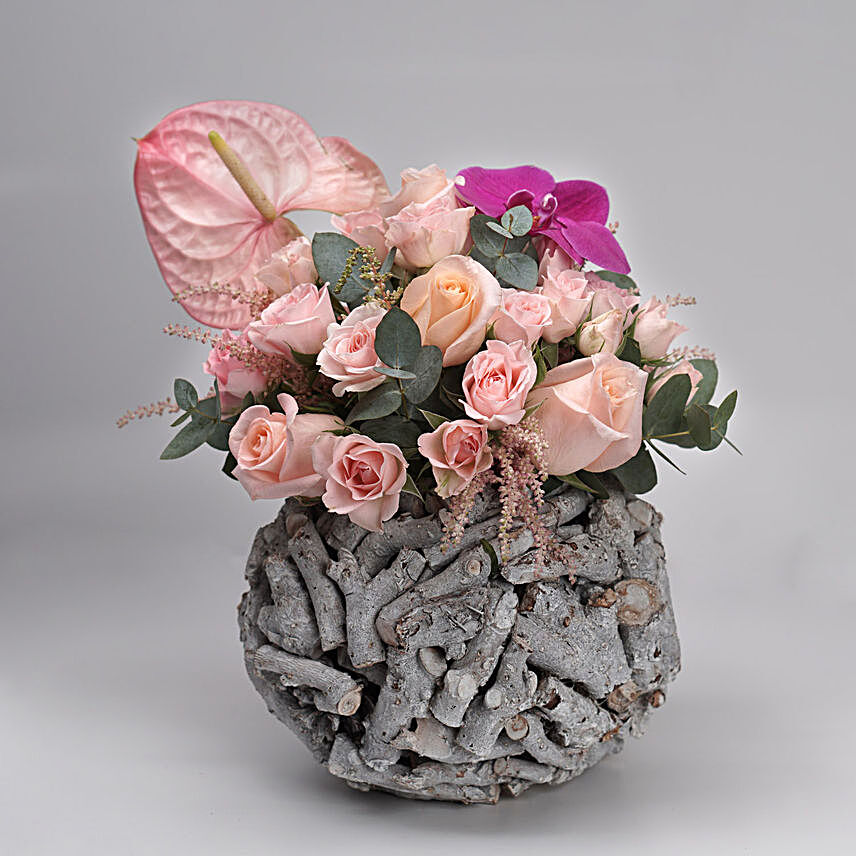 Mixed Flowers Wooden Round Vase