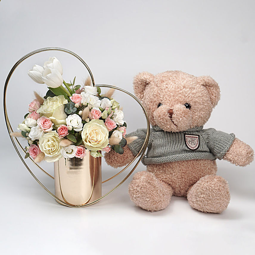 Mixed Flowers Heart Vase & Teddy:flowers n teddy bears