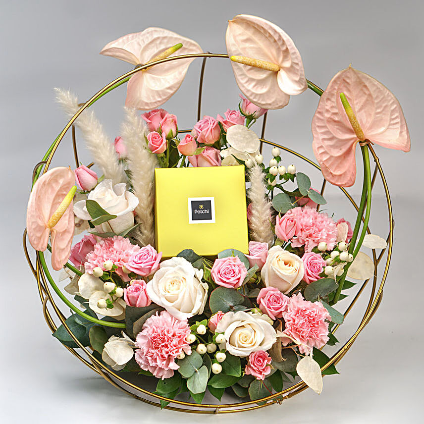Mixed Flowers & Patchi Chocolates Golden Cage