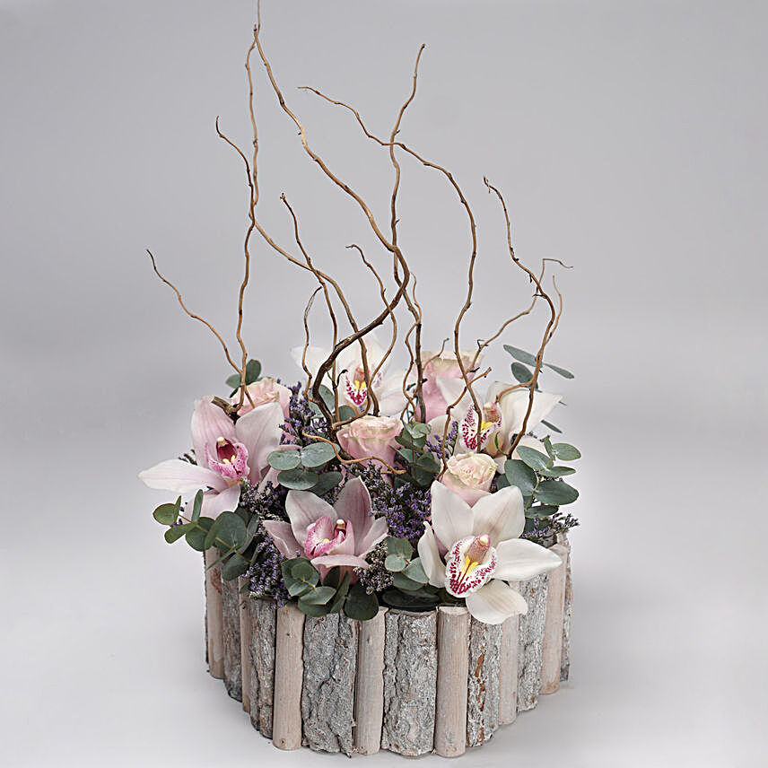 Cheerful Mixed Flowers Wooden Pot:premium flowers