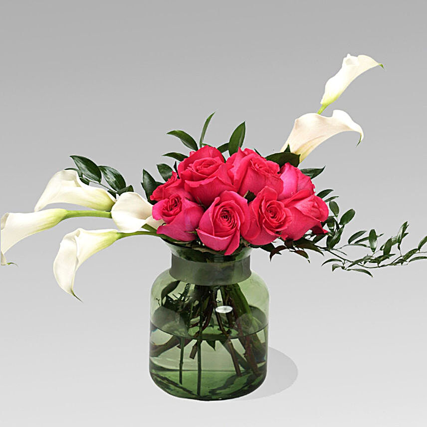 Lilies & Roses Green Glass Vase:Congratulations Gifts to Qatar