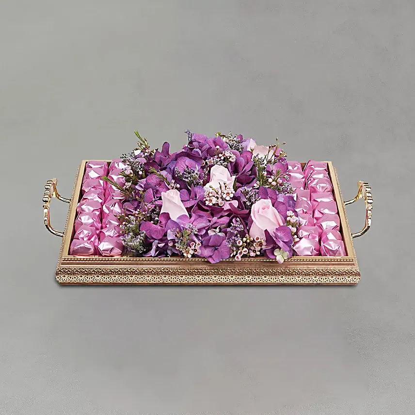 Graceful Mixed Flowers & Chocolates Golden Tray
