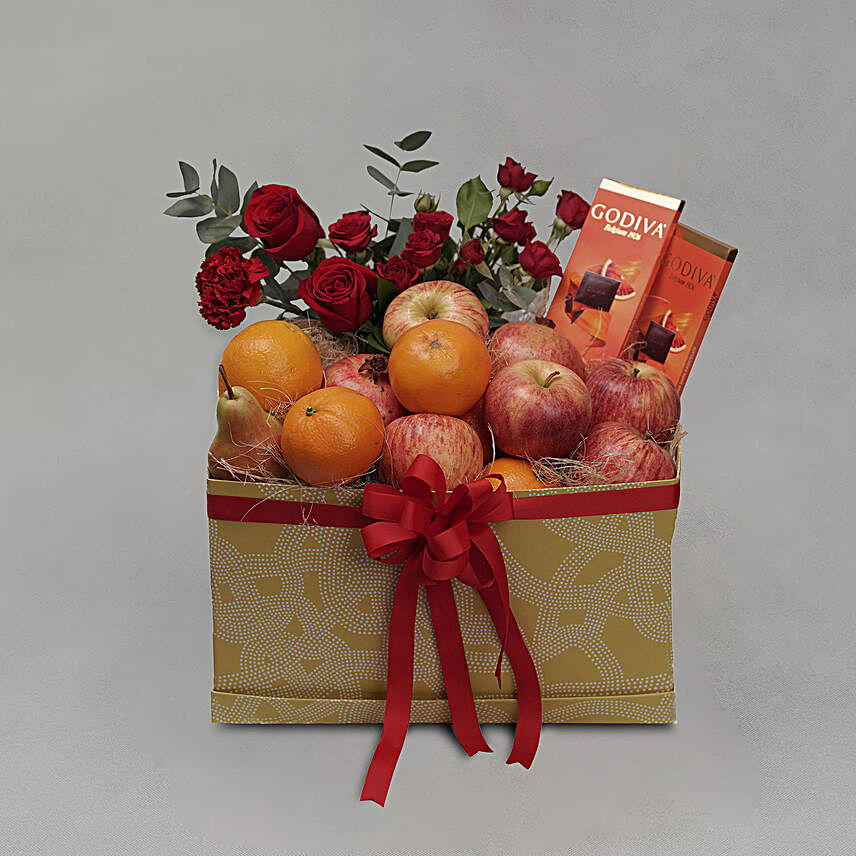 Fruits With Chocolate & Flowers Gift Box:Same Day Gift Delivery in Qatar