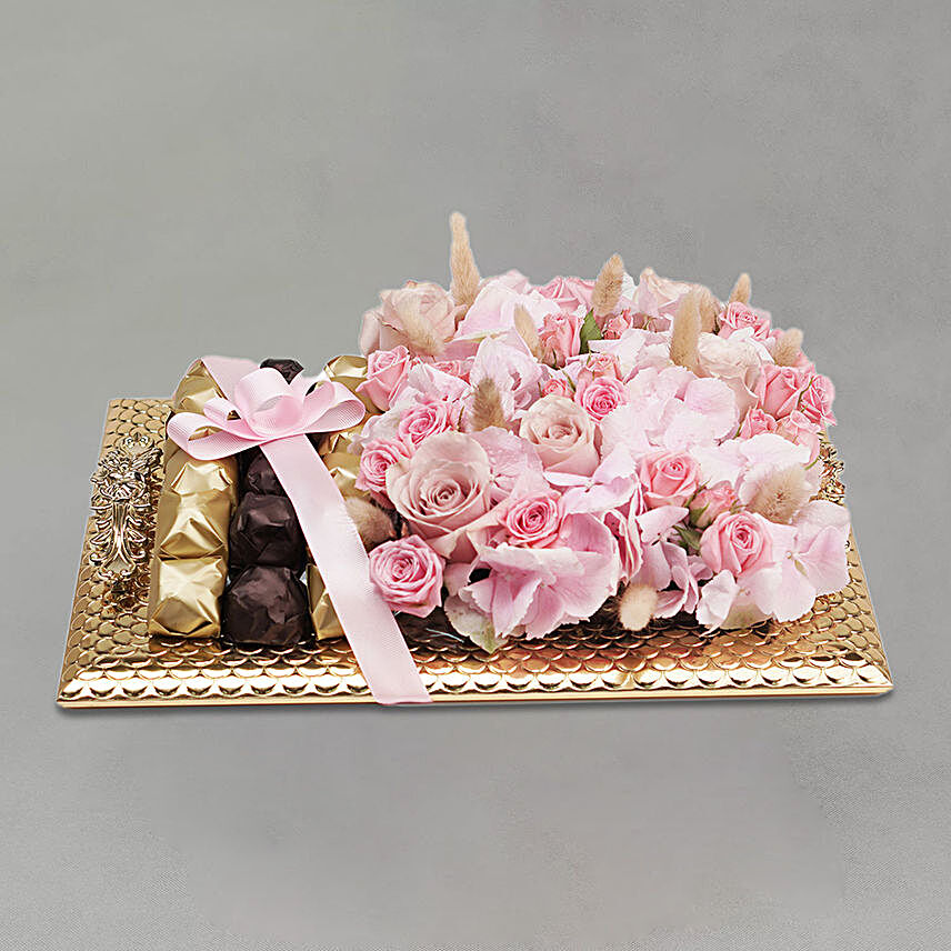 Blissful Mixed Flowers & Chocolates Golden Tray:Rakhi Gifts for Sister in Qatar