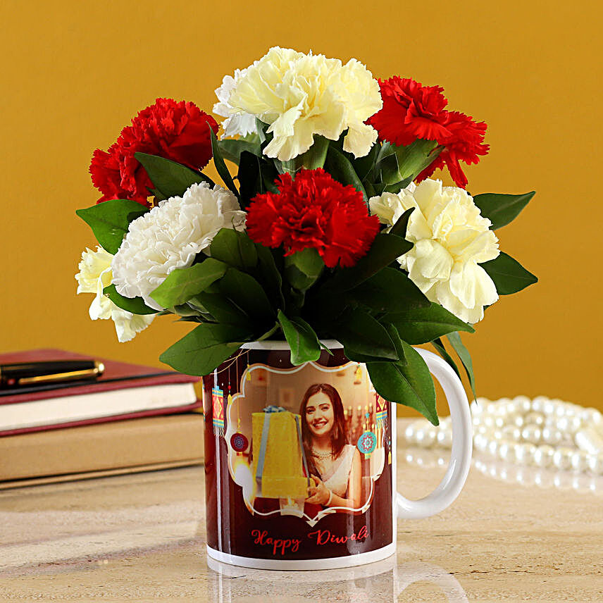Mixed Carnations In White Mug:combos