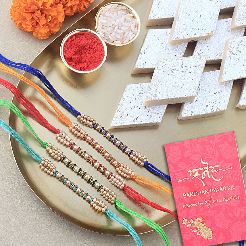 Sneh Colourful Pearl Rakhi Set & Kaju Katli